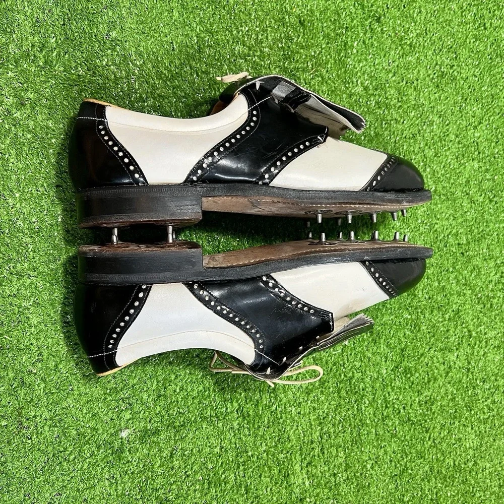 Vtg FootJoy Classics Patent Brogue Wingtip Kiltie‎ Golf Shoes Men 8 White Saddle